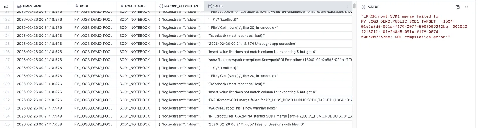 Event table showing unsuccessful SCD1_NOTEBOOK execution